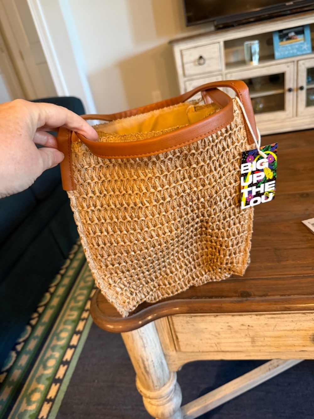 Bashy “Everyday Escape” Woven Packable Bucket Bag with Tan Leather Trim